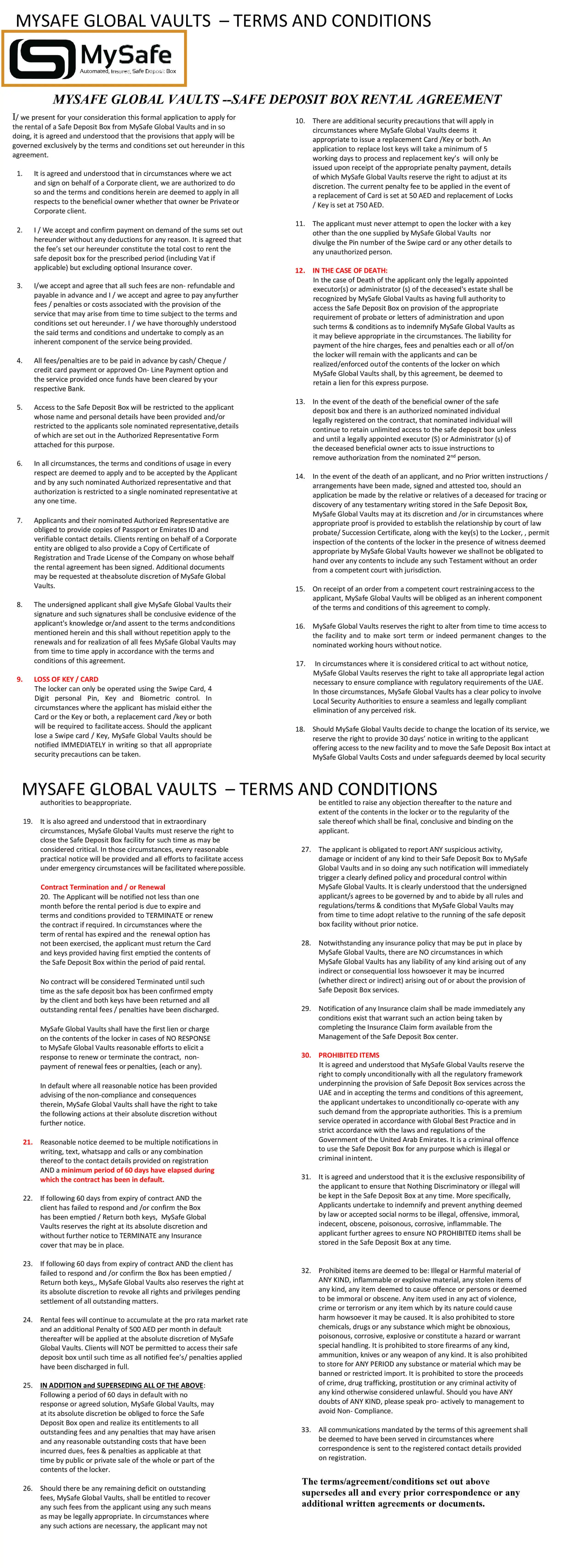 MySafe Dubai Terms and Conditions document